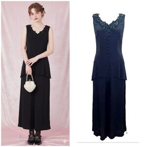 Vintage Black Peplum Beaded Lace Wide Leg Jumpsuit Size 10 M Whimsigoth Fairy